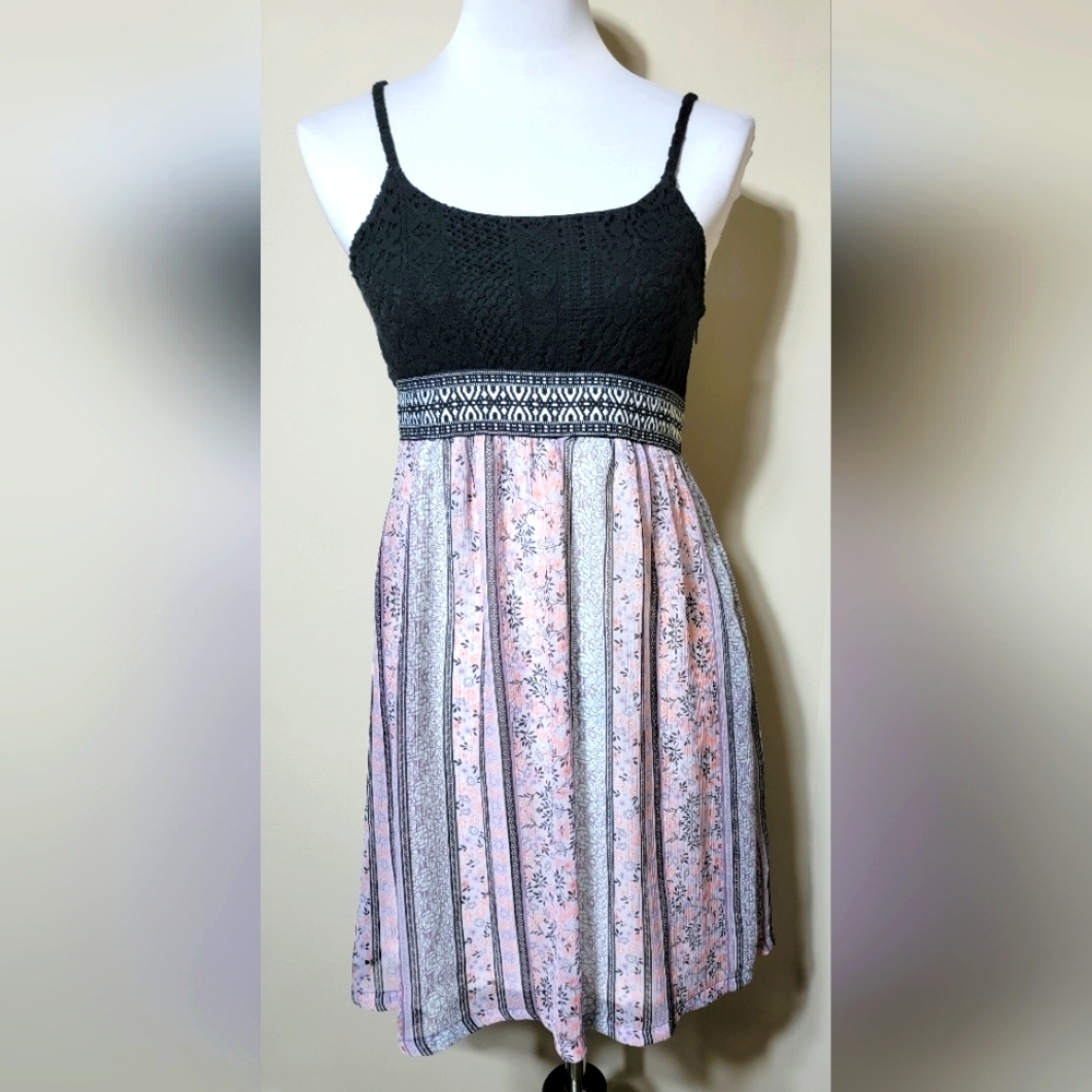 Maurice's Black Laced Empire Waist Striped Floral Dress Small Sleeveless